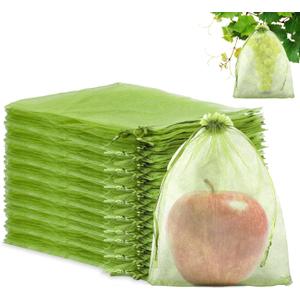 100pcs Fruit Protection Bags 8x12 inch, Green Mesh Bags Drawstring Fruit Protectors Pest Barrier for Grapes Trees & Party Favor, Candy, Jewelry Drawstring, Christmas Gift Bags, Wedding Mesh Goodie Bags
