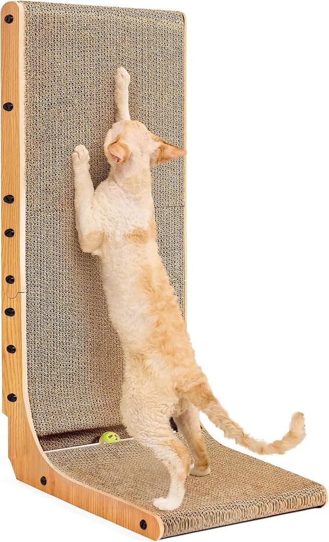 EHEYCIGA Cardboard Cat Scratcher for Indoor Cats, 32 Inch L Shaped Vertical Cat Scratching Board with Ball Cat Toy, Extra Large Cat Scratcher Pad, Brown