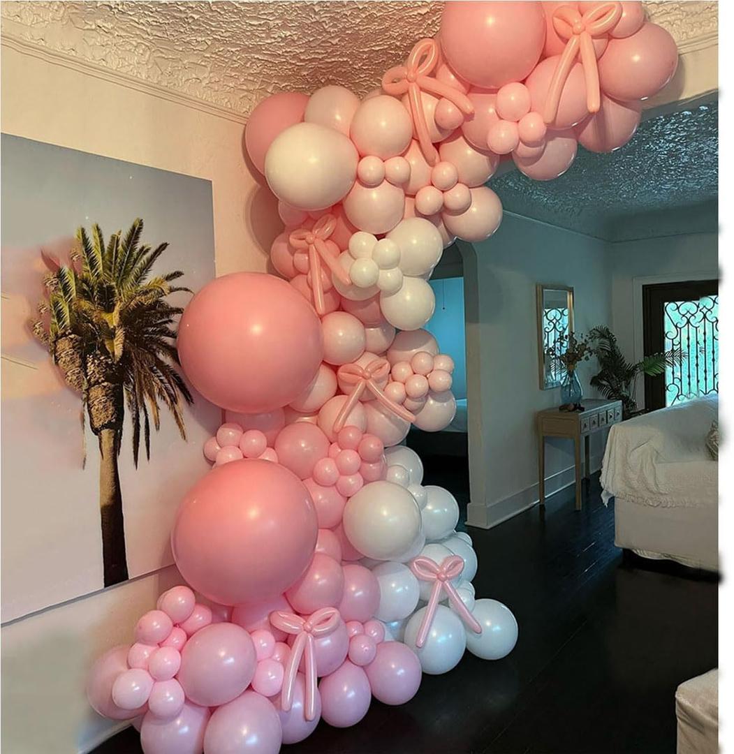Pink Bow Balloon Arch Kit 155PCS Pastel Pink and White Balloon Garland with Long Magic Balloon for Girls Coquette Birthday Baby Shower Decoration