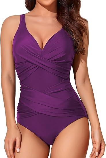 Smismivo Tummy Control Swimsuits for Women Slimming One Piece Bathing Suit Retro Ruched Push Up Vintage Padded Swimwear (Small, Purple)