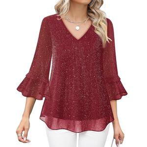 Bebonnie Fall Shirts for Women 2025: Feminine Sparkly Sequin Dressy Blouses for Women Glitter Party Plus Size Tops for Evening Wear Christmas Tunic Tops for Women Loose Fit Dressy Shirts Wine, XXXL