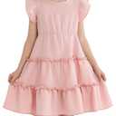 Fdqin Girls Summer Dresses Flowy Ruffle Sleeve A-Line Dress for Kids Pink (Pink, M)