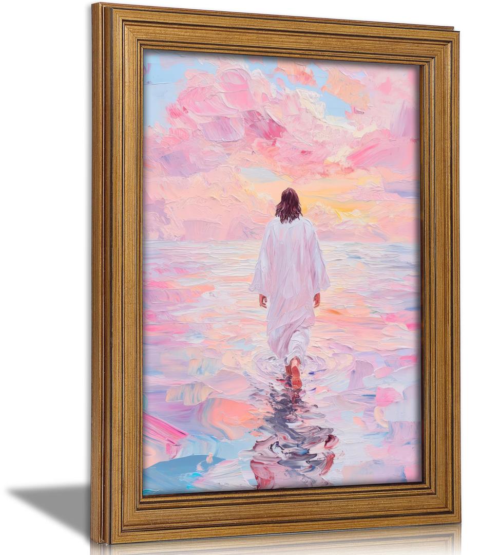 Vintage Gold Framed Jesus Wall Art Pink Jesus Walking on Water Canvas Prints Modern Christian Spiritual Picture Divine Light Religious Beliefs Oil Painting Poster Artwork for Living Room Church 11''Lx9''W