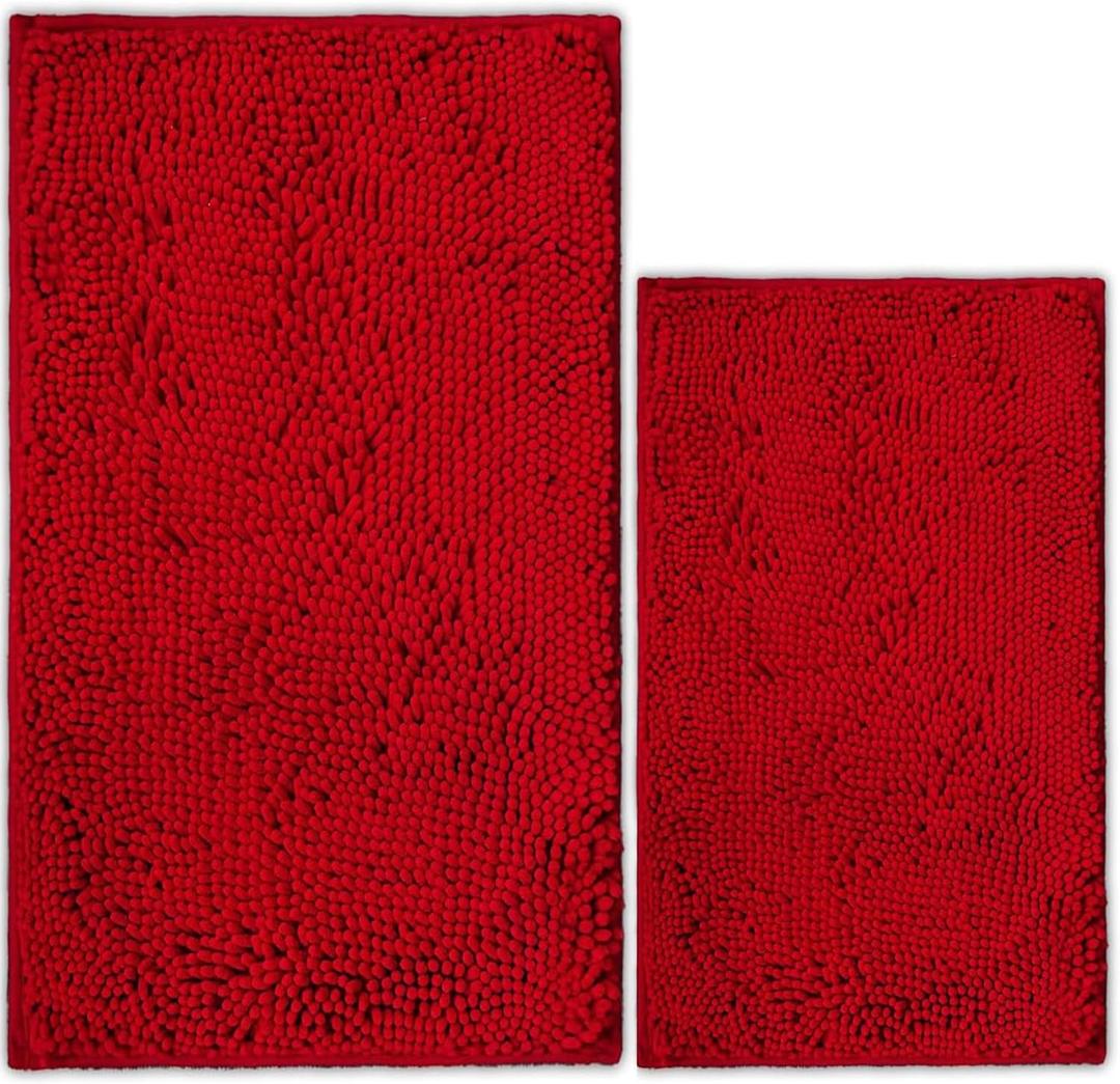 Bathroom Rugs Chenille Bath mat 2 Piece Set, Super Absorbent, Strong PVC Non Slip Backing, Bath mats for Bathroom, Plush Shaggy, Thick, Machine Washable, Bathtub, Toilet.(Red)