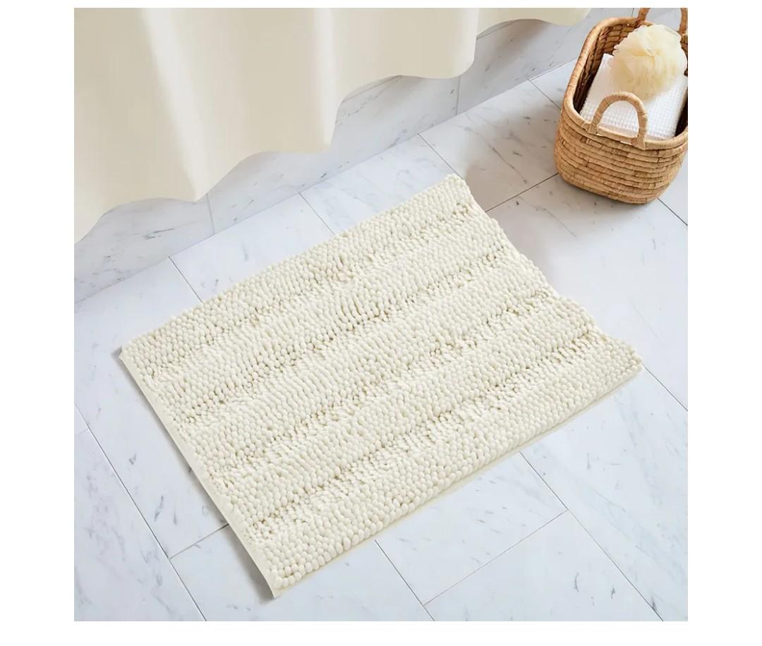 NICETOWN Super Thick Soft Striped Shaggy Chenille Bath Mats, Machine Washable Indoor Outdoor Durable Chenille Doormat, Dry Fast Water Absorbent Mat for Floor Master Bedroom Kitchen (Cream, 32" x 20")