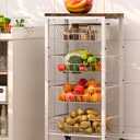 Fruit Vegetable Storage Cart for Kitchen, 5-Tier Vegetable Stand Rack with Pull-Out Fruit Baskets, Rolling Snack Cart with Wood Top & Banana Holder for Pantry, Living Room, Bathroom, White, 12.99 inches x 16.93 inches x 32.28 inches