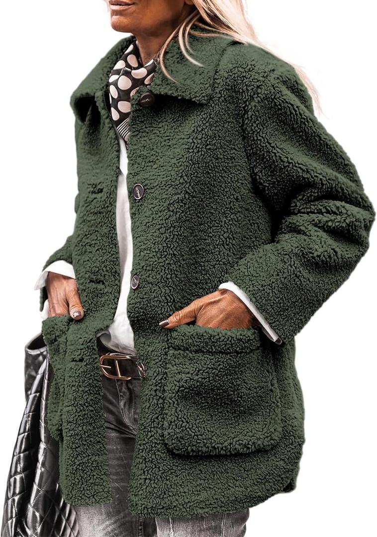 PRETTYGARDEN Women's Winter Faux Fur Coats Long Sleeve Lapel Button Down Pockets Fleece Sherpa Jacket Casual Trendy Outerwear (XX-Large, Dark Army Green)