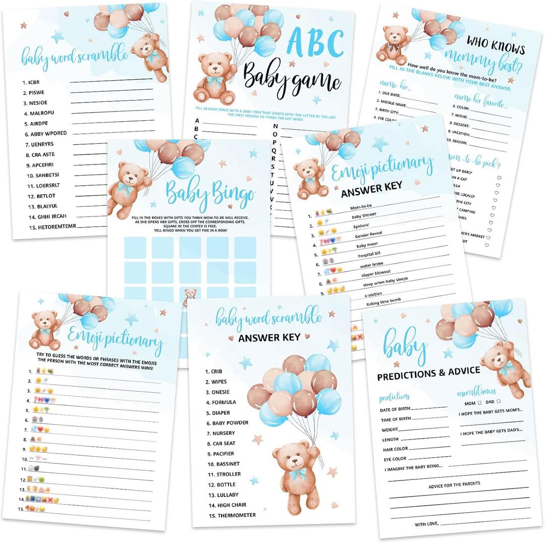 Sinasasspel 302pcs Teddy Bear Baby Shower Game Set Pack of 6 Activities for 50 Guests Includes Baby Shower Bingo, Baby ABC, Baby Word Scramble and More, Each 5x7 Inches (Blue)