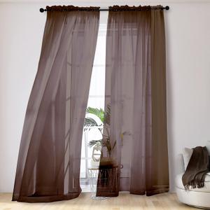 OVZME Elegant Voile Panels - Solid Color Sheer 96" Length Window Curtains, Chocolate, 2 Panels=84" W