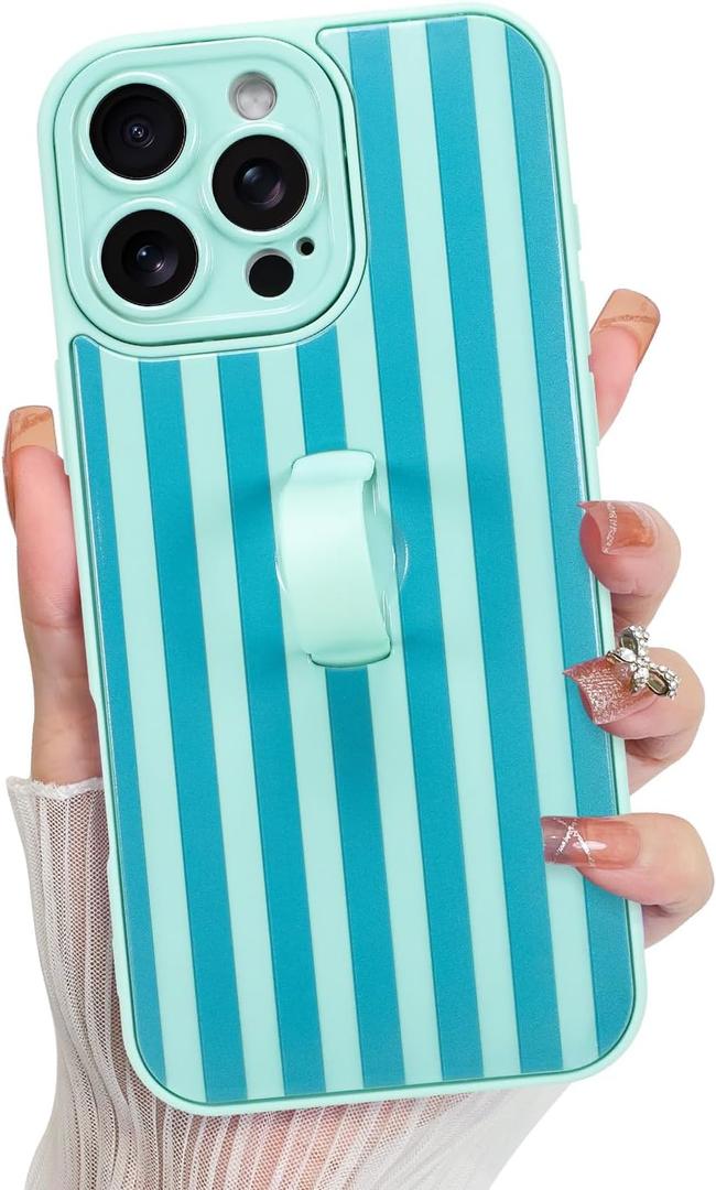 KANGHAR Compatible with iPhone 16 Pro Case, Silicone Stripes Cute Pattern, Wristband Kickstand Camera Protection Soft Slim Cover for Girls Women -Blue