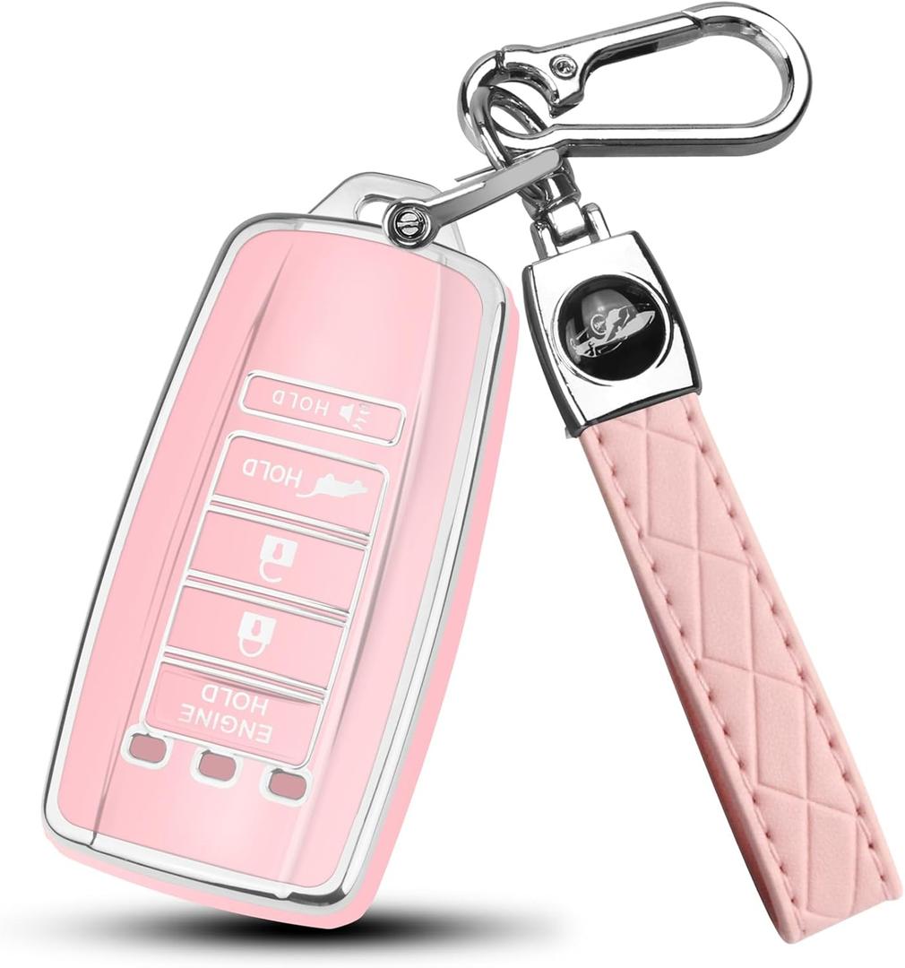 FT FUNTOR 5 buttons Key Fob Cover with Leather Keychain for Acura, Premium TPU Case for ILX MDX RDX RLX TLX (B-Pink)