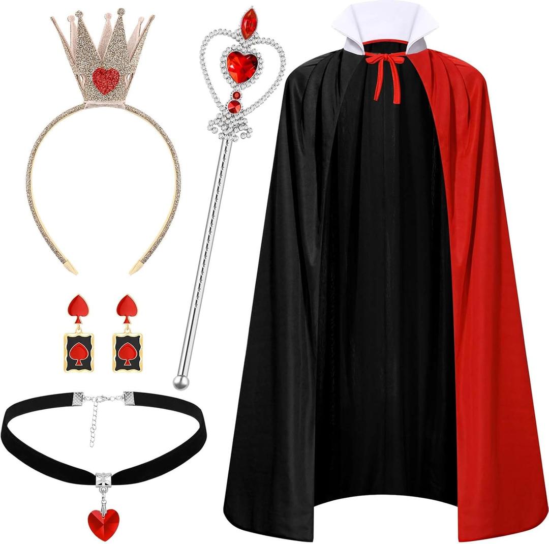 5Pcs Halloween Queen Costume Accessories Set, Shiny Crown Heart Necklace Wand & Cloak for Women Party Cosplay