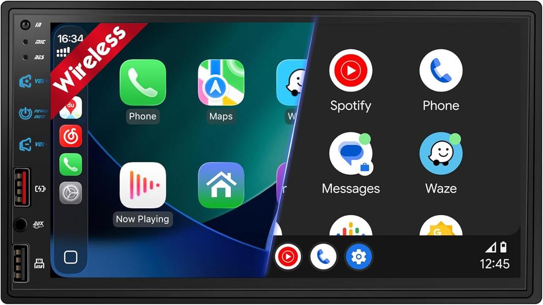 [Upgraded DSP] 7'' Double Din Car Stereo with Wireless Apple Carplay Android Auto, 240W Powerful Sound, FM/AM Radio, 7 Inch LCD Ultra HD Touchscreen, Bluetooth Handsfree, Waterproof Backup Camera, SWC