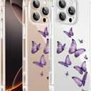 Cute Girly Crystal Clear Case Compatible with iPhone 16 Pro, Camera Control & Shockproof Protection Floral Case for Women, Black-Purple Butterflies