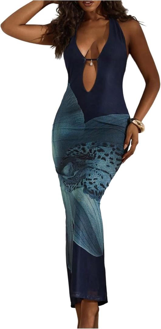 WDIRARA Women's Floral Halter Bodycon Dress Sleeveless Split Tie Backless Maxi Dresses (Multicolored Blue, Medium)