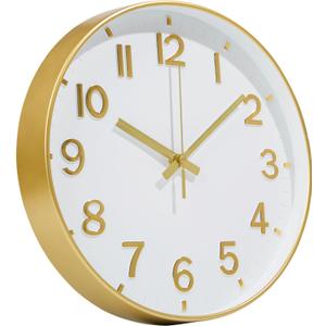 Modern Wall Clock, 10 Inch Digital Wall Clocks Battery Operated, Round Non Ticking Silent Analog Clock for Bedroom Living Room Kitchen Office Gym Classroom Decor, Gold Battery Clock