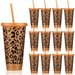 12 Pcs Cheetah Party Plastic Cups with Lid Straw 24 oz Plastic Drink Cups Reusable Bulk Leopard Tumblers for Cheetah Theme Party Favors Birthday Gifts Animal Print Decorations