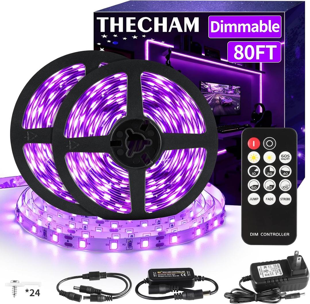 THECHAM 80ft Black Light Strip with Remote, 1440 LEDs, 12V Flexible Blacklights for Glow Party, Adjust Brightness, Delay Off, 3 Light Modes, Indoor Fluorescent Party, Stage Lighting