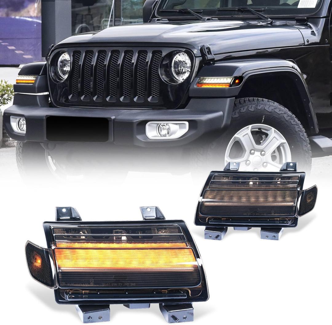 Archaic Full LED Fender Light Kit for Jeep Gladiator/Wrangler 2018-2020 (Stcok LED Only), Sequential Turn Signal Side Marker Lights Replacement for JL JT, Pair, Smoked