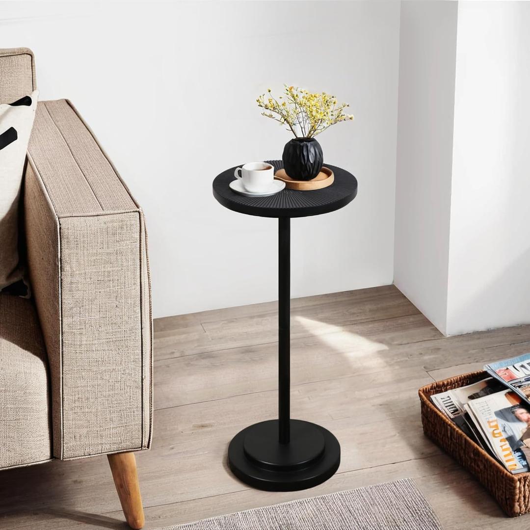 COVLON Drink Table, Carved Table Top Martini Table, Small Side Table, Weighted Base Pedestal Table for Living Room, Bedroom, Small Space, Modern, Black