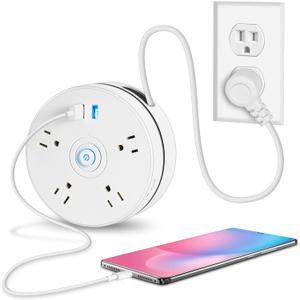 Retractable Extension Cord Power Strip: 6ft Extension Cord Surge Protector with 4 Outlets 2 Smart USB Ports and Hook - Portable Travel Power Strip for Home Office (White)