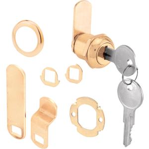 Prime-Line U 9942 Drawer and Cabinet Lock  Secure Important Files and Drawers, 5/8 in., Diecast Housing with Brass Finish, Fits on 5/16 in. Max Panel Thickness (1 Kit)