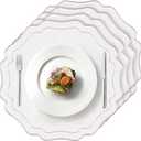 4 Sets Ribbon Twirl Cotton Linen Placemats, 15 inch Embroidery Round Cloth Table Mats with Pink Scalloped Edge Washable Fabric Place Mats Flower Shape for Wedding Baby Shower Party Table Decor (White and Pink)