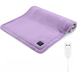 USB Plug-in Heating Pad for Travel Warmth Outdoors, Non-Rechargeable Small Heated Pad 5V Heat Therapy for Pain Relief Abdomen Cramps, 3 Heat Settings & Auto Shut Off (12"x 16") Purple