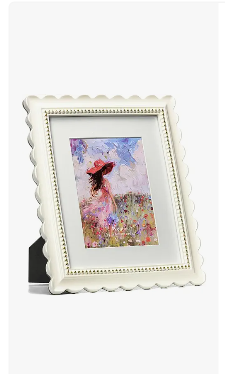 Wontree Wavy 8x10 Picture Frame White with Gold Beaded Trim, Resin Frame with Real Glass, Display 8x10 Photos Matted to 5x7, Vertical and Horizontal Desk Tabletop or Wall Hanging