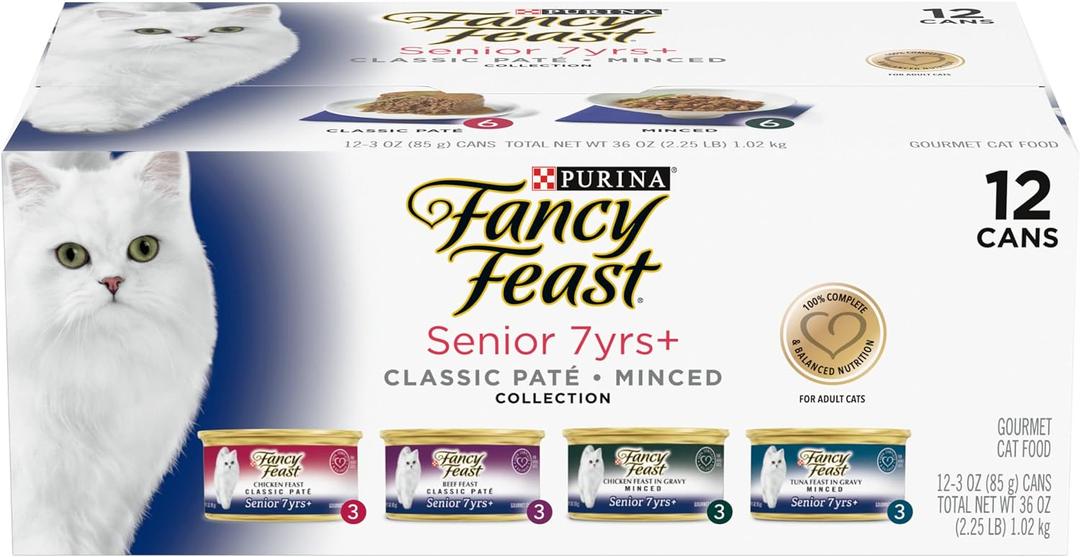 Purina Fancy Feast High Protein Senior Wet Cat Food Variety Pack, Senior 7+ Chicken, Beef & Tuna Feasts - (2 Packs of 12) 3 oz. Cans (EXP 05/31/28)