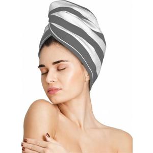 Black and White Stripe Hair Towel Wrap Microfiber Fast Drying Hair Turban with Buttons for Women Men Drying Curly, Long & Thick Hair