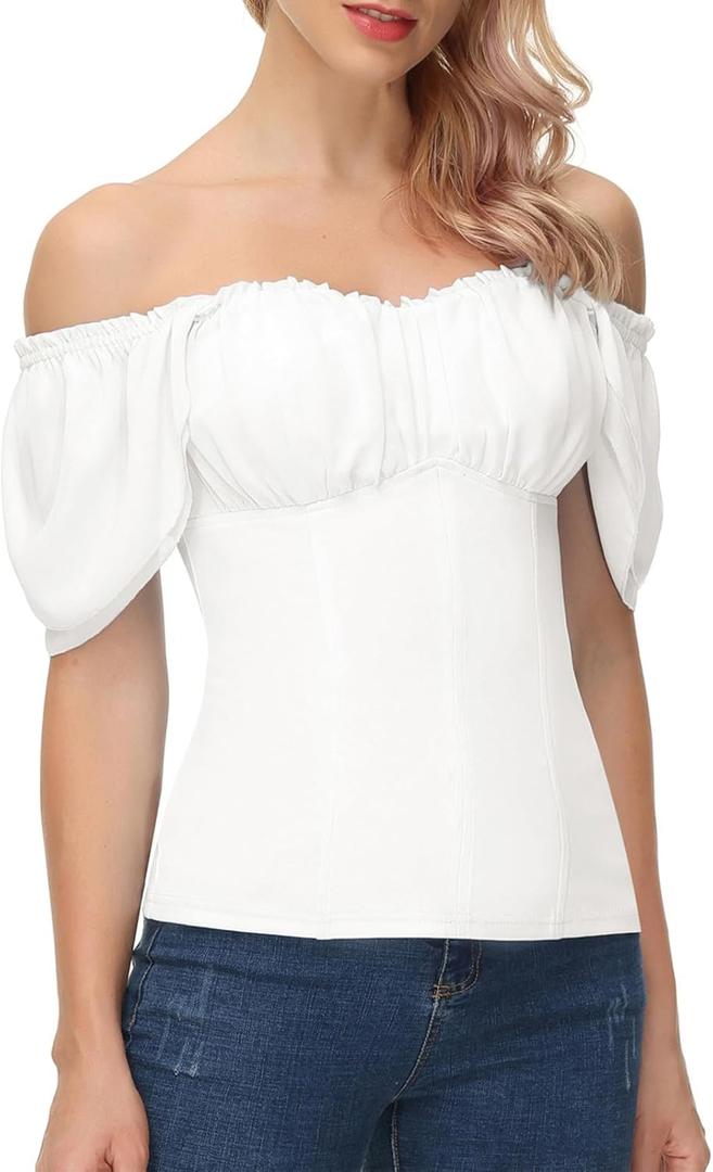 Scarlet Darkness Women Renaissance Shirt Off Shoulder Flutter Short Sleeve Top Summer Square Neck Peasant Blouse (Small, White)