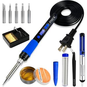 Soldering Iron Kit, 80W Soldering Iron Pen with Adjustable Temperature, LCD Display, ON/OFF Switch, 5 Tips, Solder Wire, Stand with Sponge, Pump, Paste, Tweezer, Blue