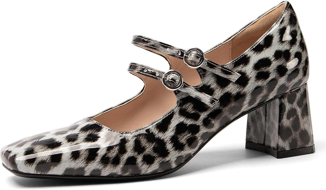 NEWBELLA Women's Patent Leather Mary Janes - Glossy Square Toe Pumps with Chunky Heel & Buckle Strap, Retro Dress Shoes for Work & Formal Events