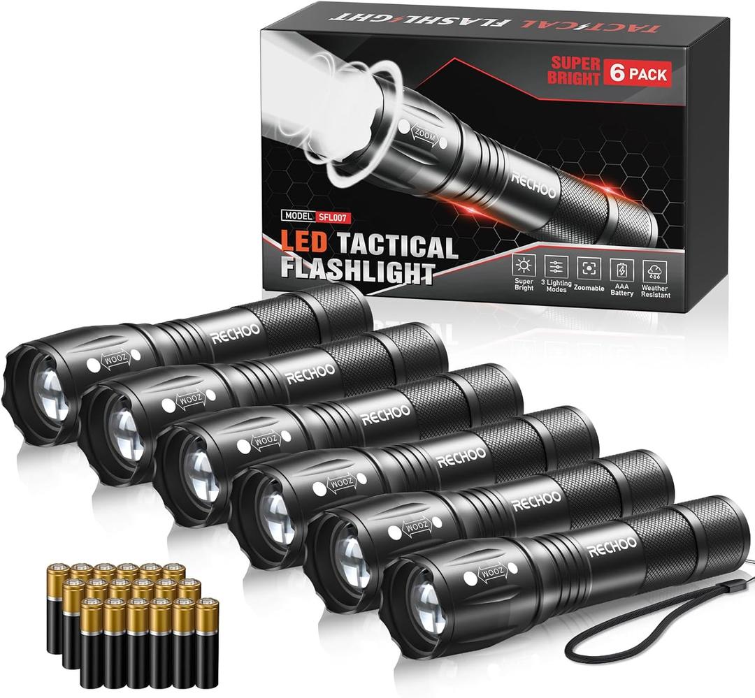 RECHOO 6Pack LED Flashlight, Bright Small Flashlights High Lumens with 3 Modes, Pocket Mini Flashlight Battery Powered, Flash Light Adjustable Focus, Waterproof Flashlights for Home Emergency Camping