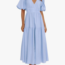 Lucrosun Women's Summer V Neck Short Puff Sleeve A Line Tiered Midi Dress, L