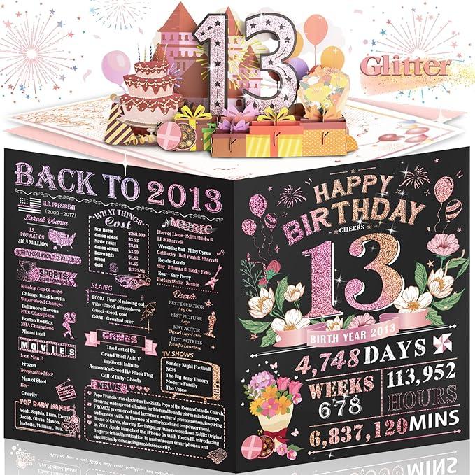 13th Birthday Card for Women Her, Large 3D Pop Up 13th Birthday cards for Mom Wife, Happy 13 Year Old Birthday Decorations for Grandma, Mother, Daughter Funny Birthday Gifts, Back to 2013, Pink