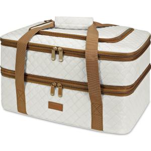 Vuudh Quilted Insulated Double Casserole Carrier - Thermal Lunch Tote for Potluck Parties, Picnic, Beach, Fits 9 x 18 Inches Baking Dish, Casserole Dish, Expandable (Beige)