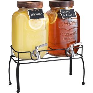 mustry Glass Drink Dispenser for Parties, 1 Gallon Beverage Dispenser with Stand and Spigot Solid Stainless Steel, Used as Lemonade Dispenser Sun Tea Jar Kombucha Jar, Set of 2