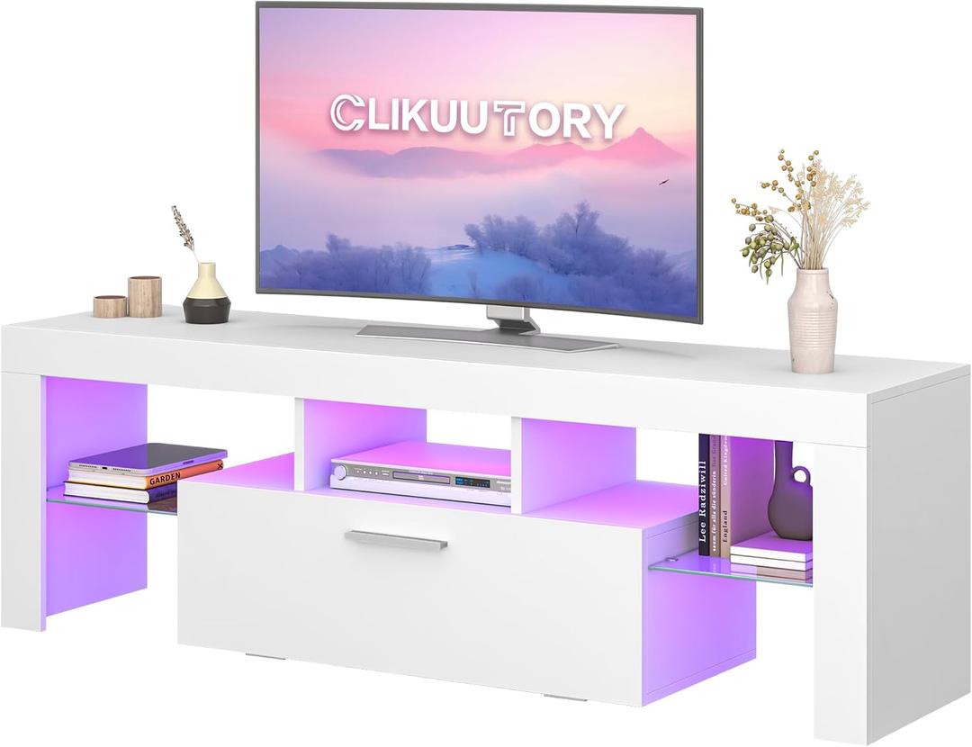 Clikuutory Modern Lighting 51 inch TV Stand with Large Storage Drawer for 32 40 50 55 Inch TVs, TV Console with 20 Color LED Lights, Entertainment Center Media and Open Shelf for Bedroom, White, 51W14D18H