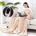 Sealy Electric Blanket Wearable with Foot Pocket, Electric Snuggle Blanket with Sleeves, Flannel & Sherpa Heating Throw with 6 Heat Settings & 2-10 Hours Auto Shut Off, 50 * 70"+18" Beige