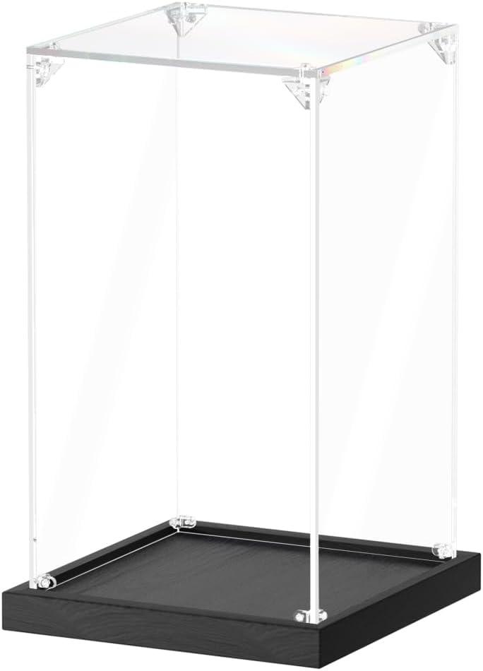 JUJOMAT Acrylic Display Case for Collectibles Clear Acrylic Display Box for Lego Action Figures Doll Hobby, Dustproof Stackable Storage Case, Assembly Required, Black Base (5.5 x 5.5 x 9.5 inches)