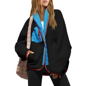 Nirovien Womens Fuzzy Fleece Jacket Colorblock Sherpa Jackets Shawl Winter Coats with Pockets Warm Outwear (Medium, Black Blue)