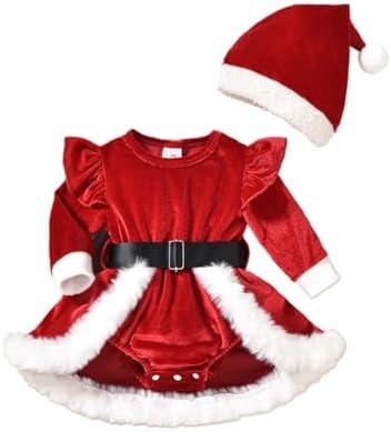 Ursobutegl Newborn Infant Baby Girl Christmas Clothes Santa Claus Romper Dress Fur Trim Velvet Jumpsuit Bodysuit Hat Costume 9-12
