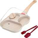 Egg Frying Pan 3-In-1 Divided Nonstick Egg Pan with Lid Breakfast Grill Pan Skillet Compatible with Gas Stove & Induction Cooktops White