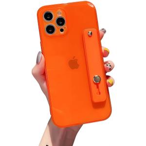 siduater Strap Holder Case for 6.1" iPhone 13 Pro Wrist Strap Kickstand, Shockproof Translucent PC Back Cover + Soft TPU Bumper with Adjustable Hand Grip Loop for iPhone 13 Pro 6.1 Inch, Neon Orange