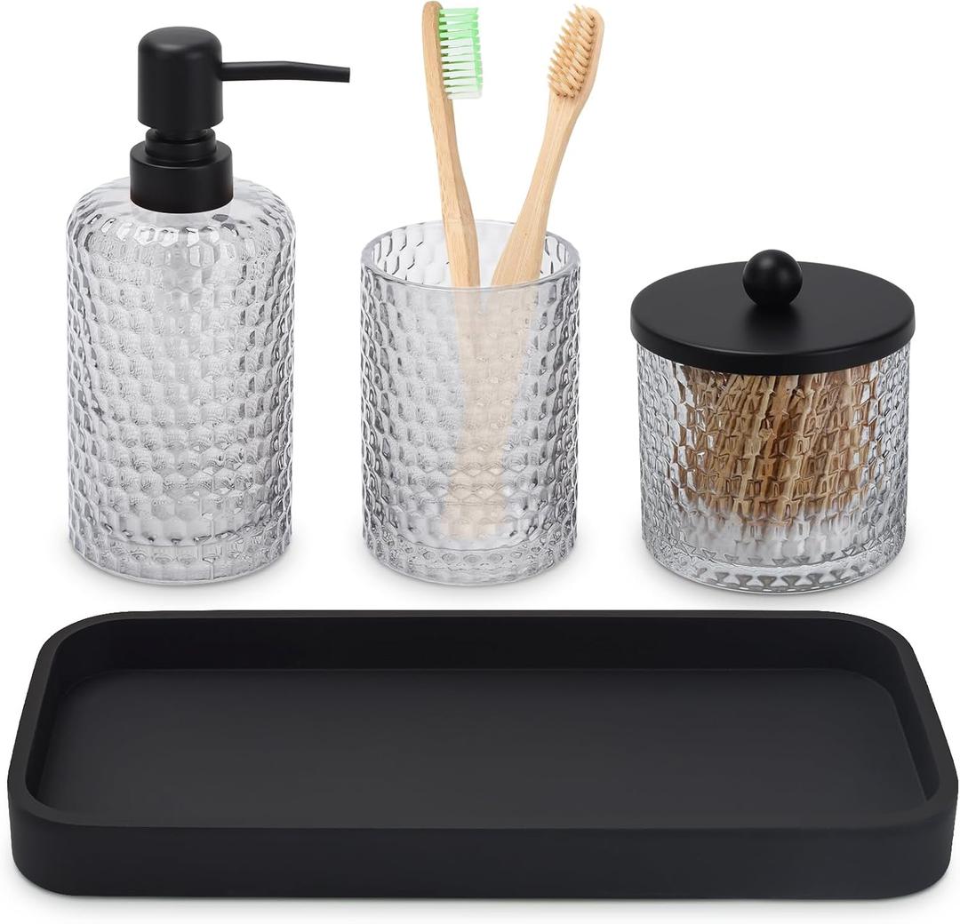 Bathroom Accessory Set, 4 Pcs Clear Glass Bathroom Accessories Set-Lotion Soap Dispenser, Toothbrush Holder, Qtip Holder Dispenser & Resin Vanity Tray, Countertop Vanity Organizer, Crystal Clear
