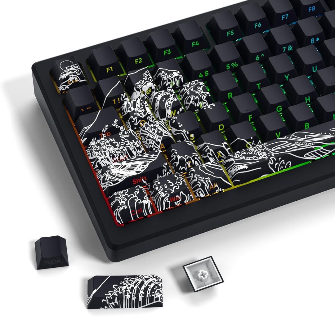 SDYZ XVX Shine Through Keycaps - Double Shot PBT Keycaps 60 65 75 100 Percent, Side Print Key caps Custom 131 Keys Set, Dye Sub Wave of Kanagawa Key caps for Mechanical Keyboards, Black