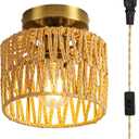 Ceiling Light Boho Light Fixtures Ceiling Mount,Mini Rattan Chandelier Light Fixture with Dimmable LED Bulb,Hand Woven Ceiling Light Fixtures