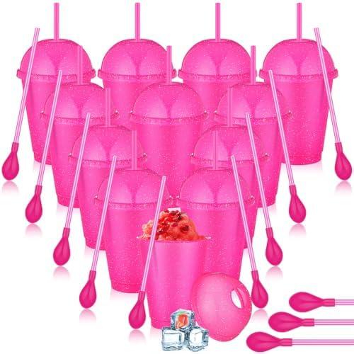 Ninehaoou 12 Sets Slushie Cups with Dome Lids and Straws Detachable Spoon Straws Reusable 16 oz Plastic Iced Coffee Cups Smoothie Tumbler for Birthdays Summer Party Supplies (Rose Red)